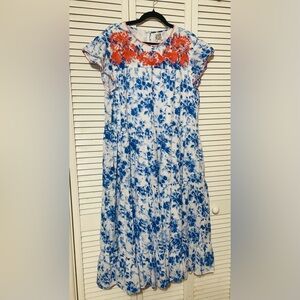 Sister Mary blue/white/coral Floral dress. Size LG.